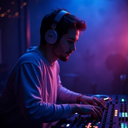 Young asian man playing music with headphones and mixing console in nightclubの素材