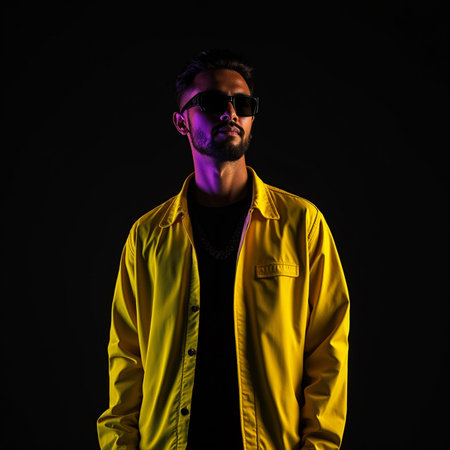 Handsome young man in yellow jacket and sunglasses on black backgroundの素材
