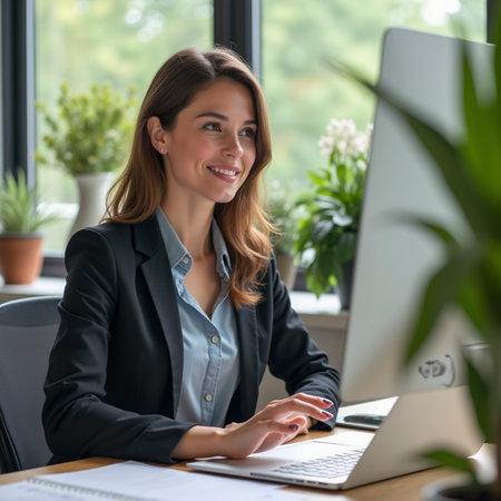 Portrait of a smiling businesswoman sitting at her desk in officeの素材