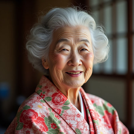 Portrait of an elderly woman in a Japanese kimono.の素材