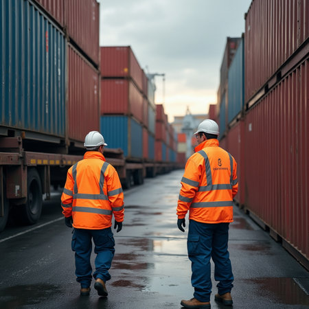 Two warehouse workers standing in front of cargo containers. This is a freight transportation and distribution warehouse.の素材