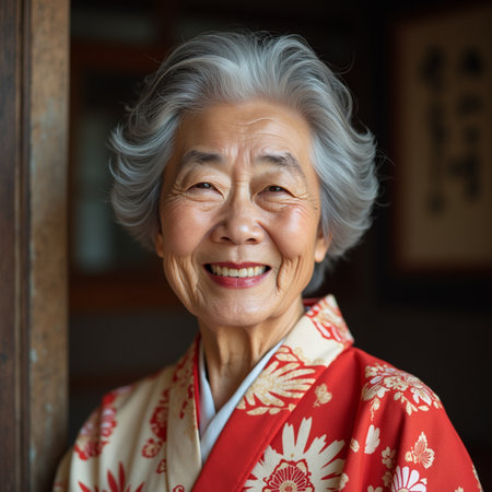 Portrait of Asian senior woman in traditional kimono smiling at cameraの素材