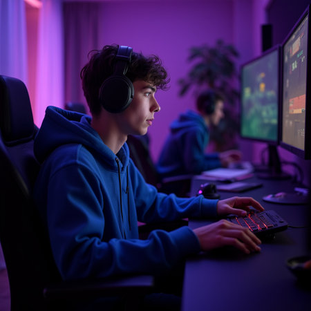 young man playing computer games at night in dark room with neon lightsの素材