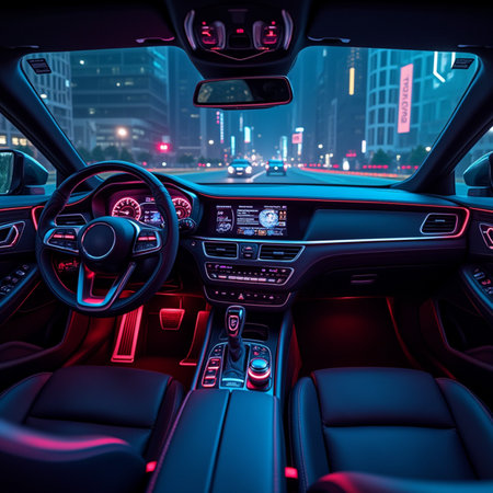 Interior of a modern car in the night. 3d renderingの素材