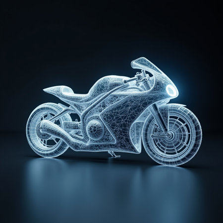 3d rendering of a neon motorbike on a dark background.の素材