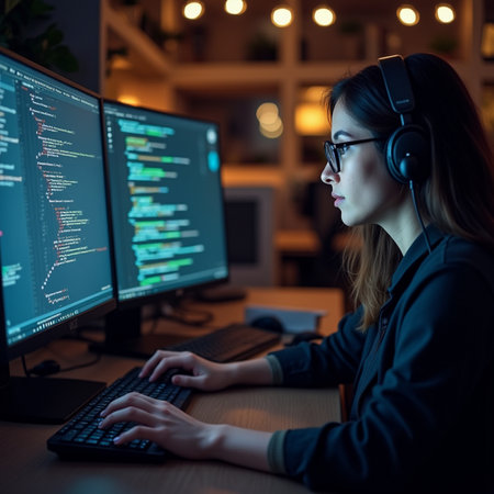 Side view of female programmer in headphones working on desktop computer at nightの素材