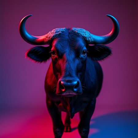 Artistic portrait of a bull with horns on a purple background.の素材
