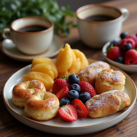 Breakfast with coffee, croissants and fruits on wooden tableの素材