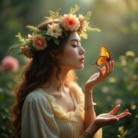 Beautiful young woman with butterfly in her hand on nature background.の素材