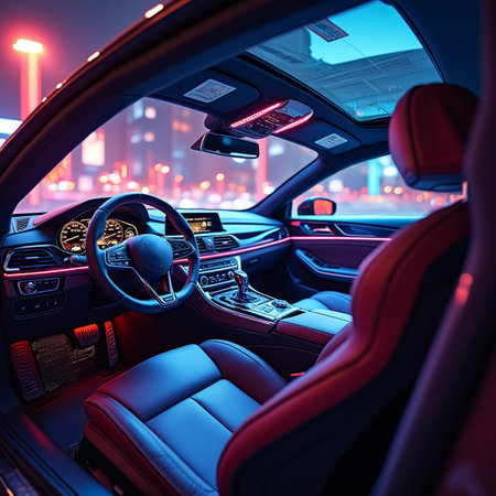 Interior of a modern car in the night. 3d renderingの素材