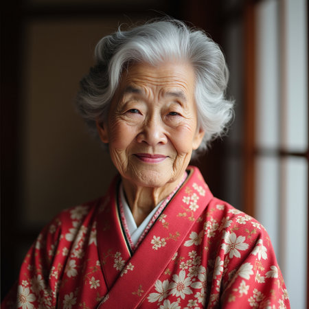 Portrait of a happy Asian senior woman in kimonoの素材