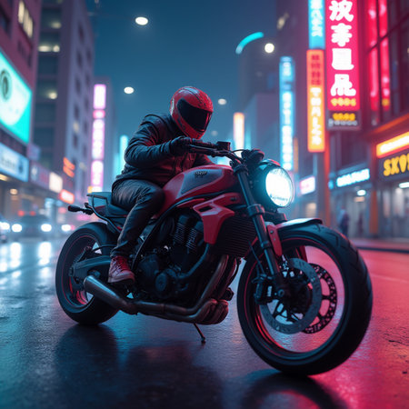 Biker in the city at night. Man on a motorcycle.の素材