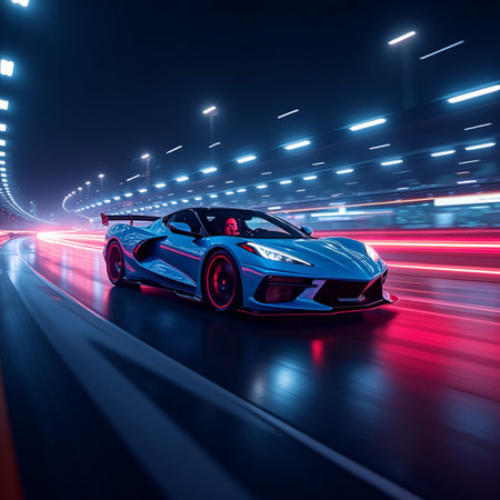 blue sport car on the road with motion blur background. 3d renderingの素材