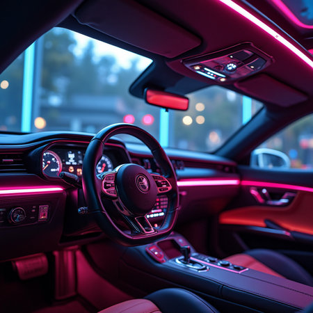 Modern car interior details, steering wheel and dashboard. 3d renderingの素材