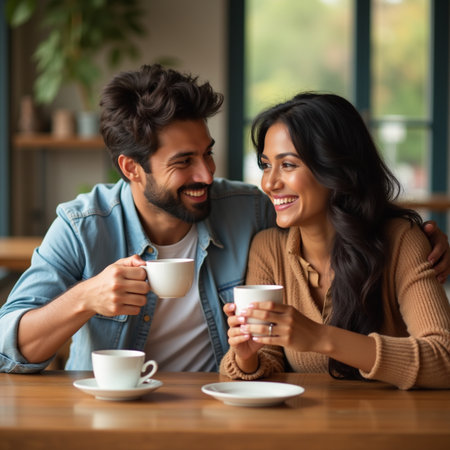 Happy couple drinking coffee in cafe. Smiling man and woman drinking coffee.の素材