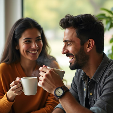 Young couple in love drinking coffee and smiling while sitting in cafe.の素材