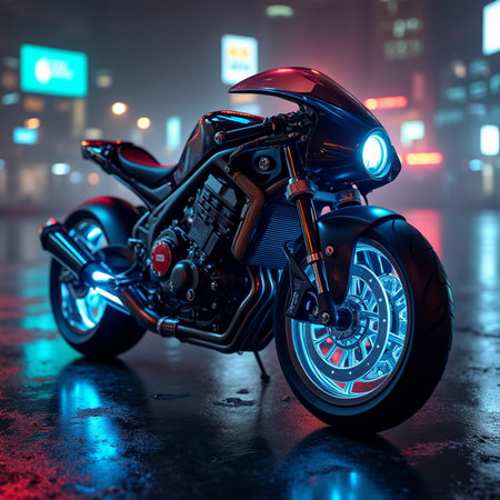 Motorcycle on the road in the night. 3d rendering.の素材