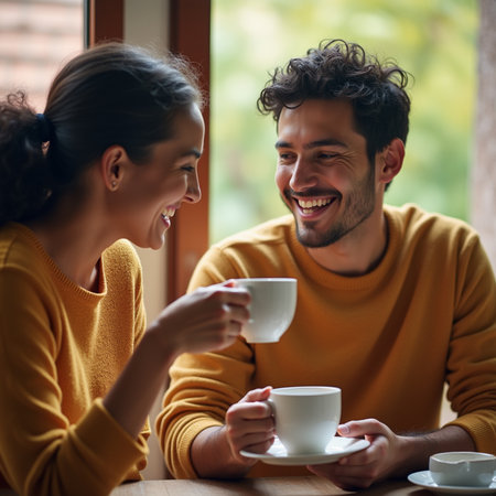Young couple in love drinking coffee and smiling while sitting in cafe.の素材