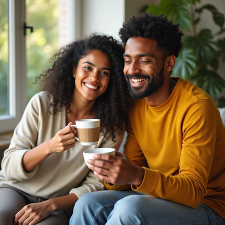 Smiling african american couple with cups of coffee at homeの素材