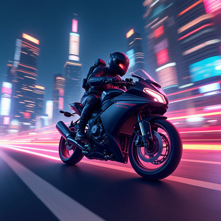 Motorcycle rider on the road in the city. 3d renderingの素材
