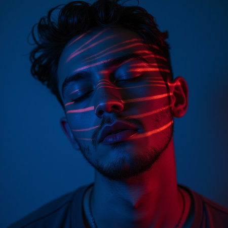 Portrait of a handsome young man with colorful neon stripes on his face.の素材