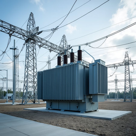 High voltage power transformer substation with blue sky and white clouds.の素材