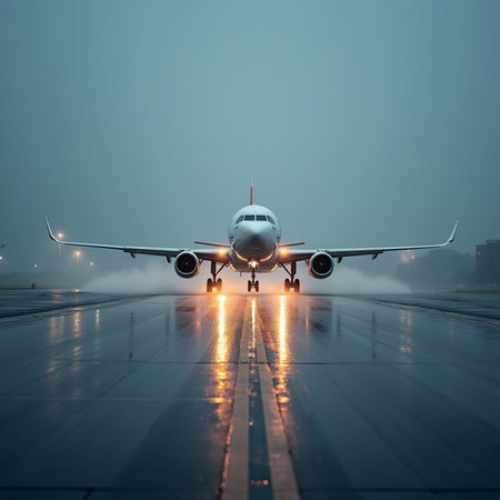 Airplane on the runway in the fog. Shallow DOFの素材