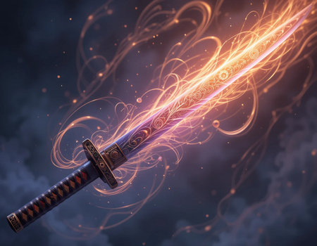 Sword with fire effect on a dark background. 3d rendering.の素材