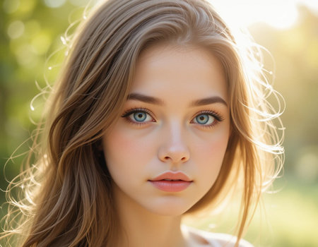 Close up portrait of a beautiful young woman with blue eyes and long hairの素材