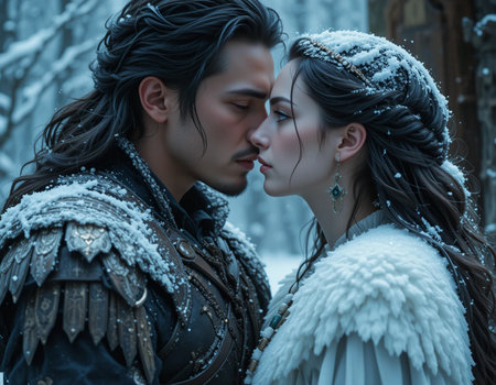 Portrait of a beautiful young couple in medieval clothes on the background of the winter forest.の素材