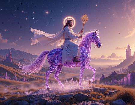 Fantasy landscape with a magical girl on a white horse. 3d renderingの素材