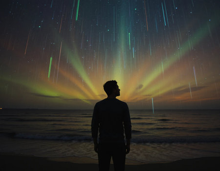 Man watching the aurora borealis over the beach at night.の素材