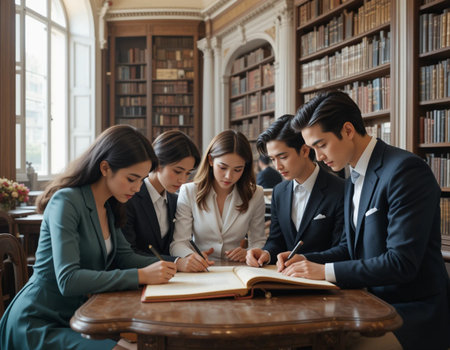 Group of business people working together in the library. Selective focus.の素材