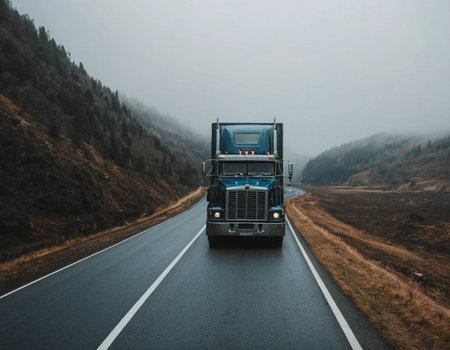 Truck driving on the road in the mountains. Foggy day.の素材