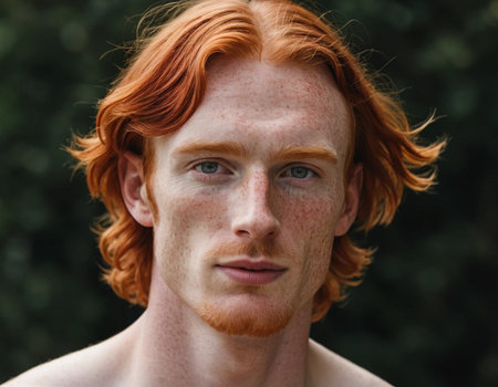 Portrait of a red-haired freckled guy with freckles on his faceの素材