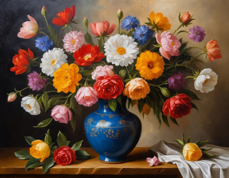 Bouquet of colorful flowers in blue vase on wooden shelfの素材