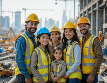 Portrait of happy Indian team of engineers and construction workers on construction siteの素材