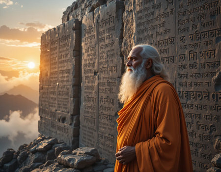 Unidentified monk in orange robe standing on top of the mountain at sunsetの素材