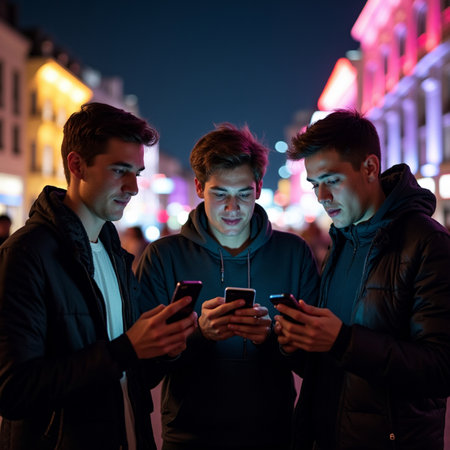 Three young men using their mobile phones in the city at night.の素材