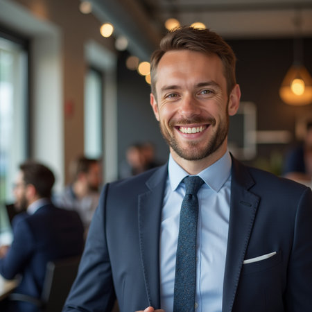 Portrait of handsome businessman smiling at camera while sitting in cafe with colleagues in backgroundの素材