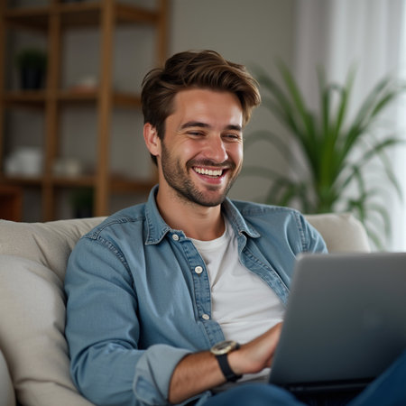 Portrait of a smiling young man using laptop while sitting on sofa at homeの素材
