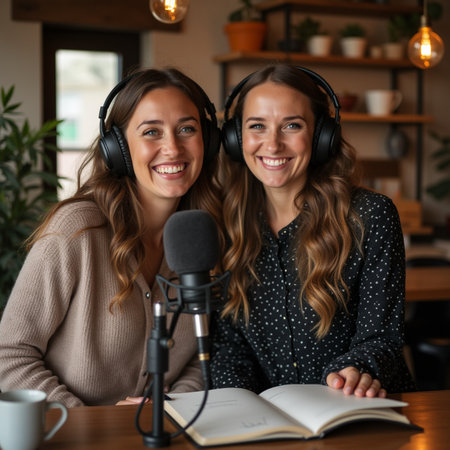 Two young women recording a podcast in a cafe. They are smiling and looking at the camera.の素材