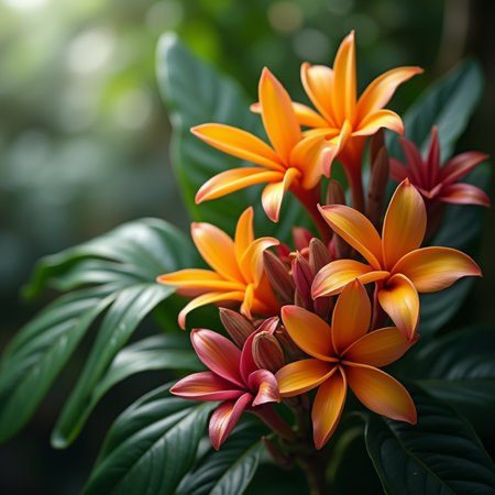 Orange Frangipani flower in the garden with bokeh backgroundの素材