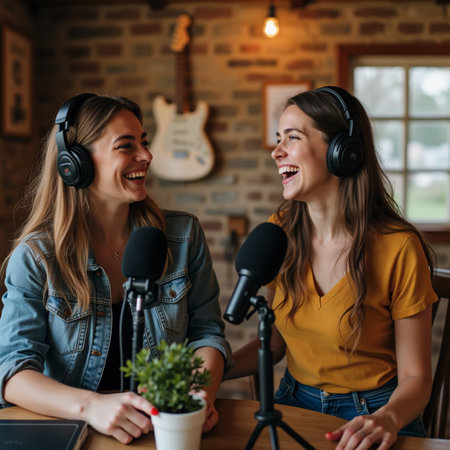 Two female friends in headphones singing and having fun in a cafe.の素材