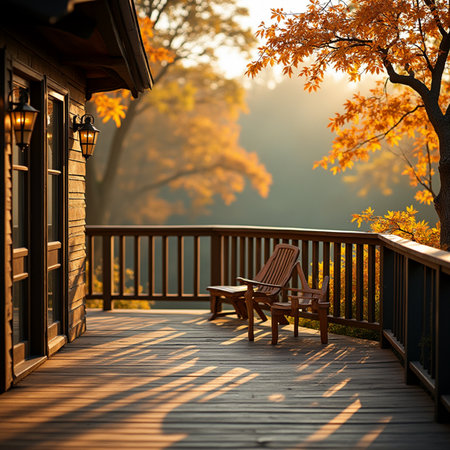 Wooden deck with chairs on the background of a beautiful autumn landscapeの素材