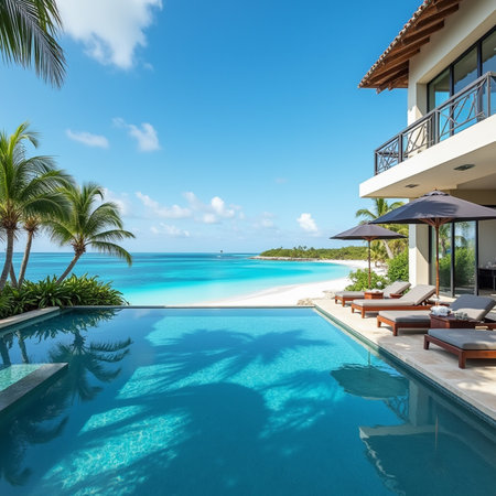 Swimming pool in luxury villa with sea view and blue skyの素材