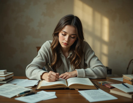 Portrait of a beautiful young woman sitting at the table and studyingの素材
