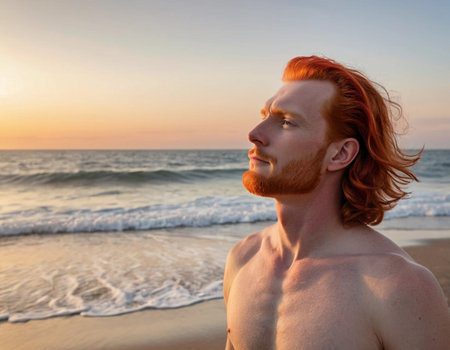 Portrait of a red haired man on the beach at sunsetの素材
