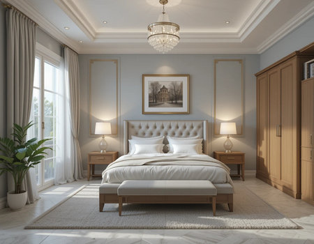 3d render of bedroom interior in classic style with white walls and wooden floorの素材