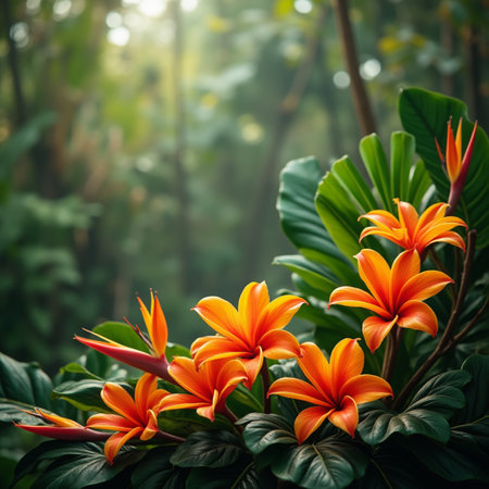 Orange flowers in tropical garden. Floral background with copy space.の素材